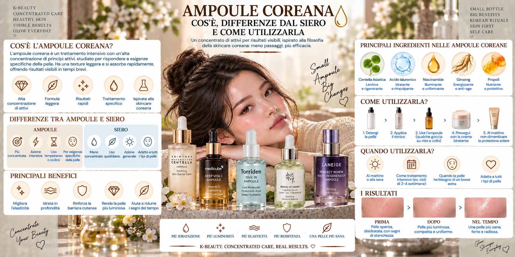 Ampoule coreana K-Beauty inserita in una routine di skincare con ingredienti cosmetici coreani