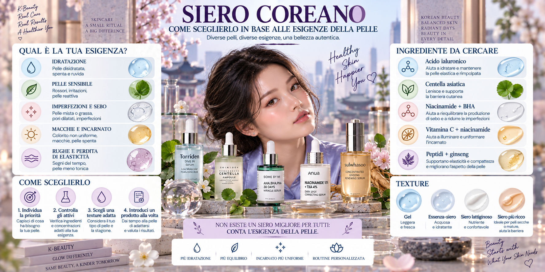 Siero coreano K-Beauty con ingredienti cosmetici e routine skincare per diversi tipi di pelle