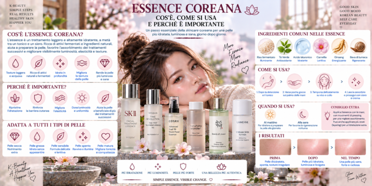 Essence coreana K-Beauty applicata dopo il toner nella routine skincare per idratare e preparare la pelle