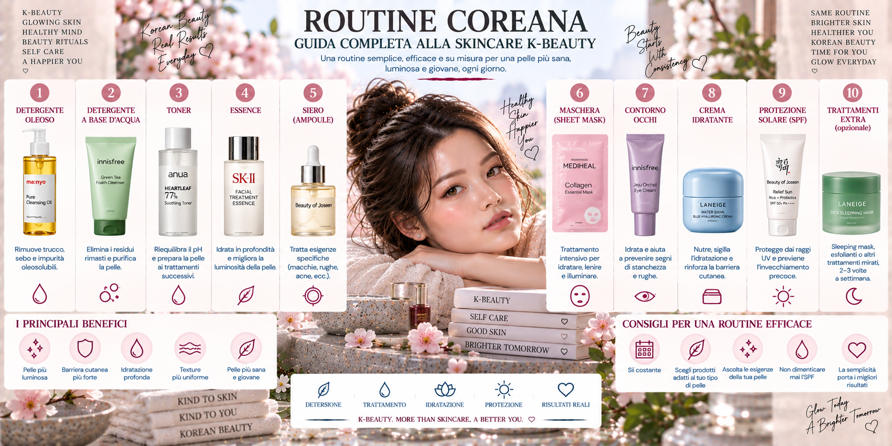 Routine coreana K-Beauty con prodotti skincare coreani disposti secondo l'ordine dei passaggi della beauty routine