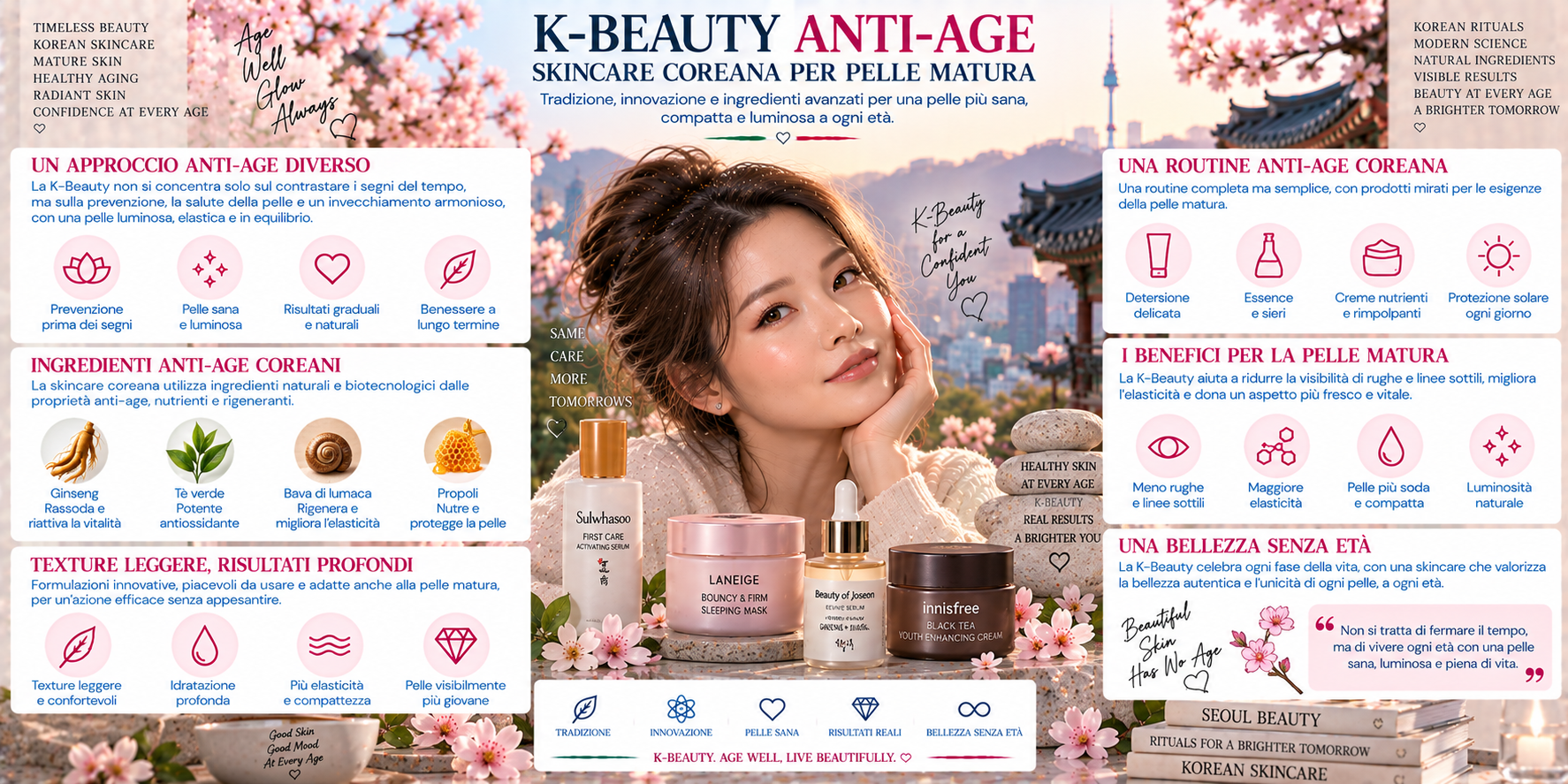 K-Beauty Anti-Age con prodotti coreani, retinolo, peptidi, ginseng, ceramidi e skincare per pelle matura