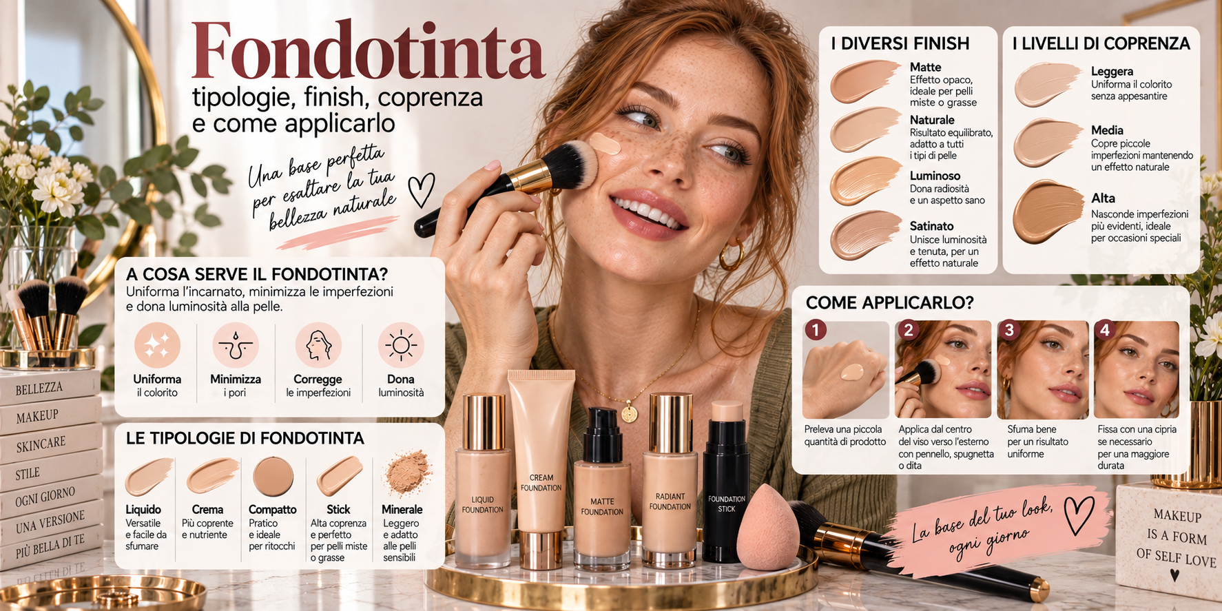 Fondotinta liquido applicato sul viso per creare una base uniforme e naturale