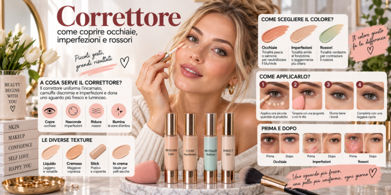 Applicazione del correttore sotto gli occhi e sulle imperfezioni per uniformare l'incarnato