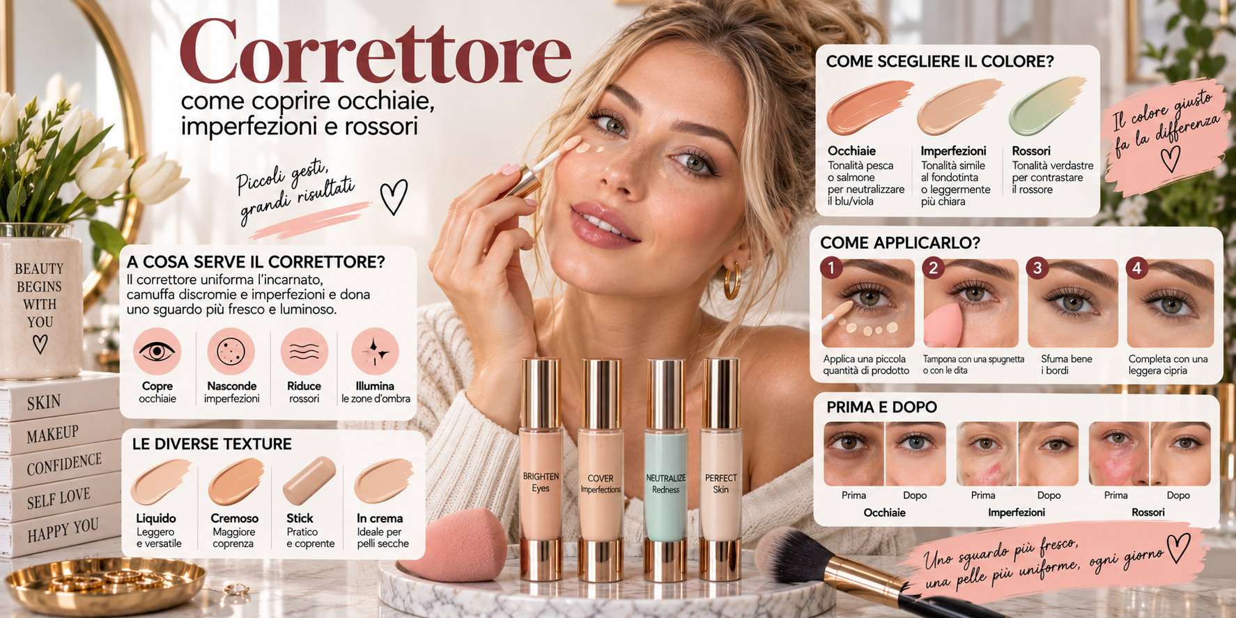 Applicazione del correttore sotto gli occhi e sulle imperfezioni per uniformare l'incarnato