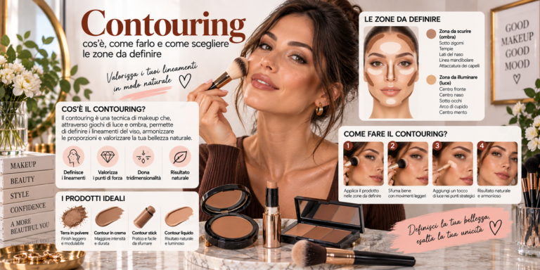 Contouring viso con indicazione delle zone da definire su zigomi, fronte, naso e mascella