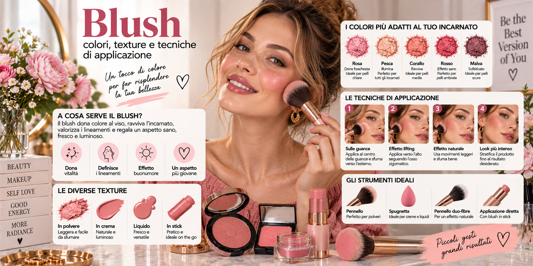 Blush applicato sugli zigomi con diverse tonalità e tecniche di sfumatura per valorizzare il viso