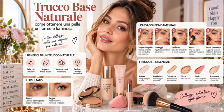 Trucco base naturale con pelle uniforme e luminosa, blush delicato e illuminante sugli zigomi