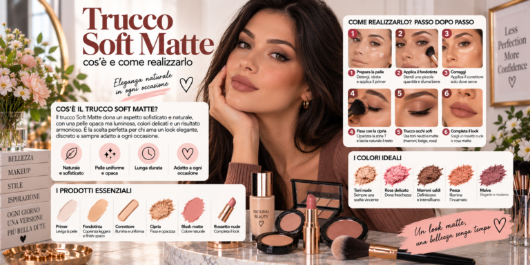 Trucco Soft Matte con pelle vellutata, base uniforme, blush naturale e luminosità delicata sugli zigomi