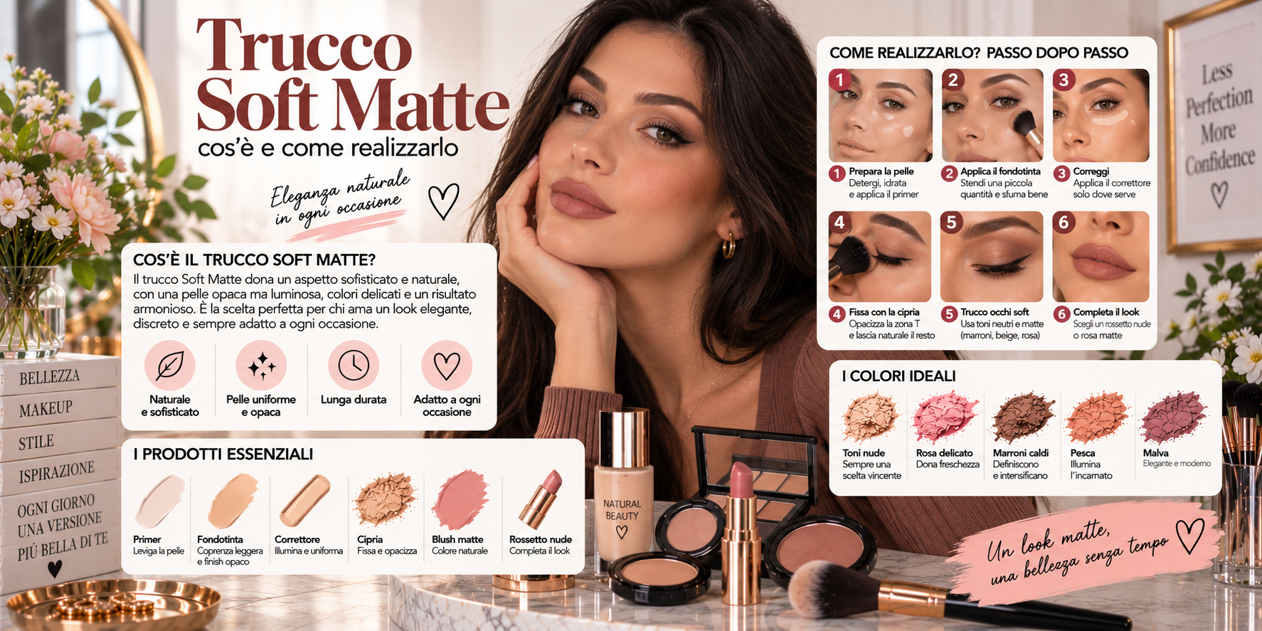 Trucco Soft Matte con pelle vellutata, base uniforme, blush naturale e luminosità delicata sugli zigomi