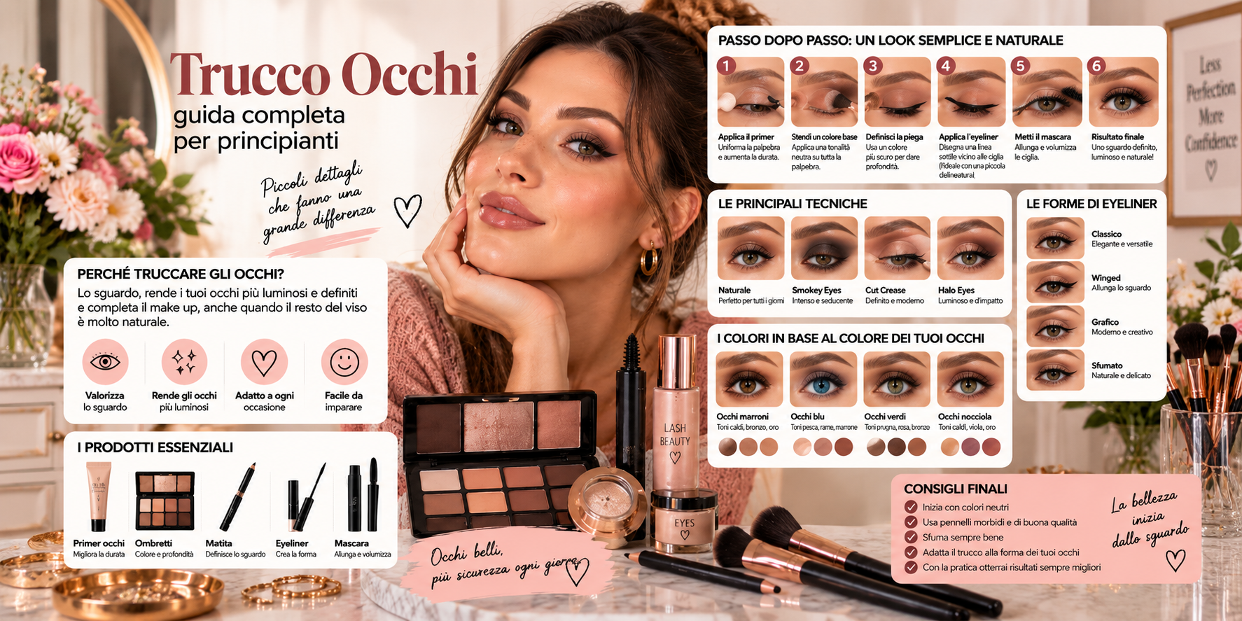 Trucco occhi naturale per principianti con ombretto sfumato, eyeliner sottile e mascara