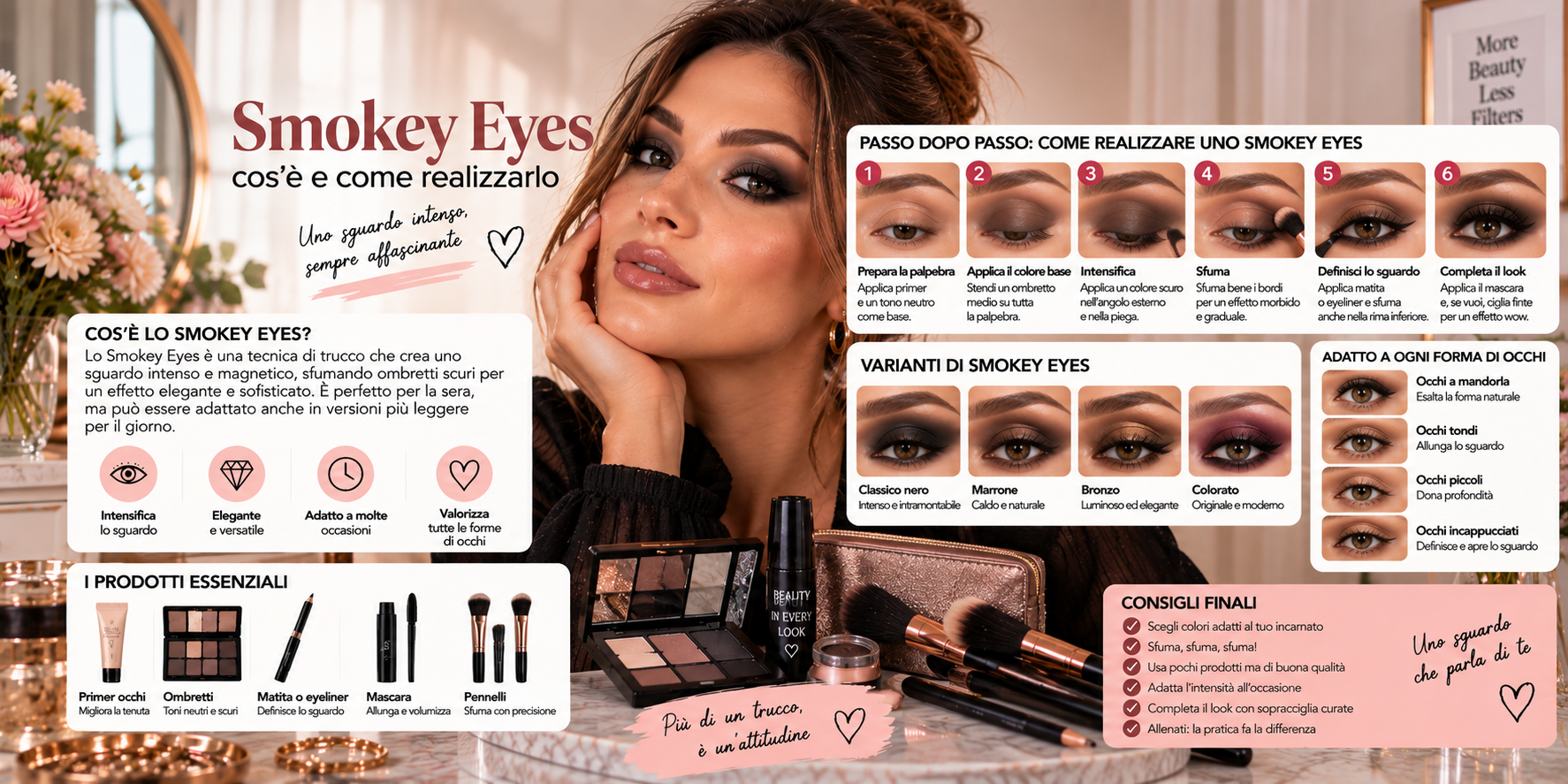 Smokey eyes marrone sfumato con ombretto intenso, matita scura e mascara per uno sguardo definito