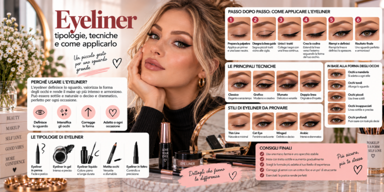Applicazione di eyeliner nero lungo la linea delle ciglia superiori per definire e allungare lo sguardo