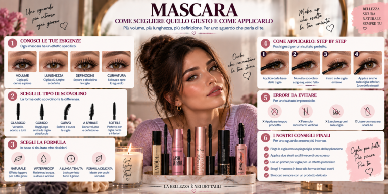 Applicazione del mascara sulle ciglia superiori dalla radice verso le punte per ottenere uno sguardo definito e intenso