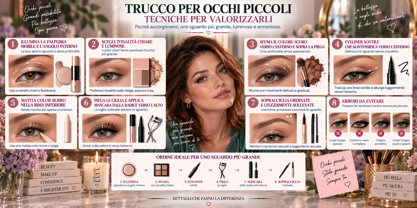 Trucco per occhi piccoli con ombretto luminoso, eyeliner sottile e mascara per uno sguardo più aperto e definito