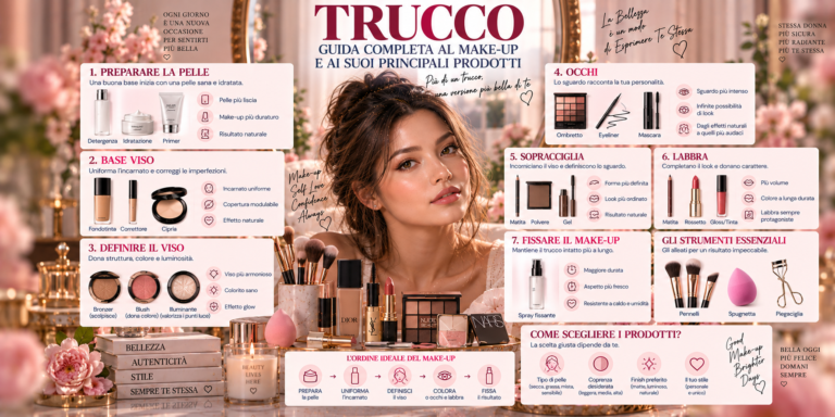 Guida al trucco con prodotti make-up per viso, occhi, sopracciglia e labbra