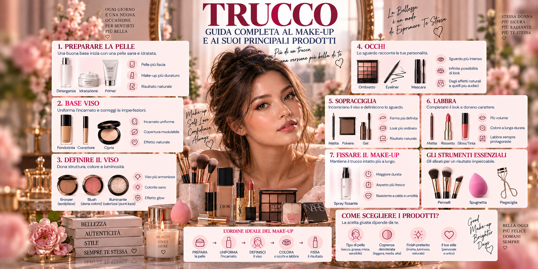 Guida al trucco con prodotti make-up per viso, occhi, sopracciglia e labbra