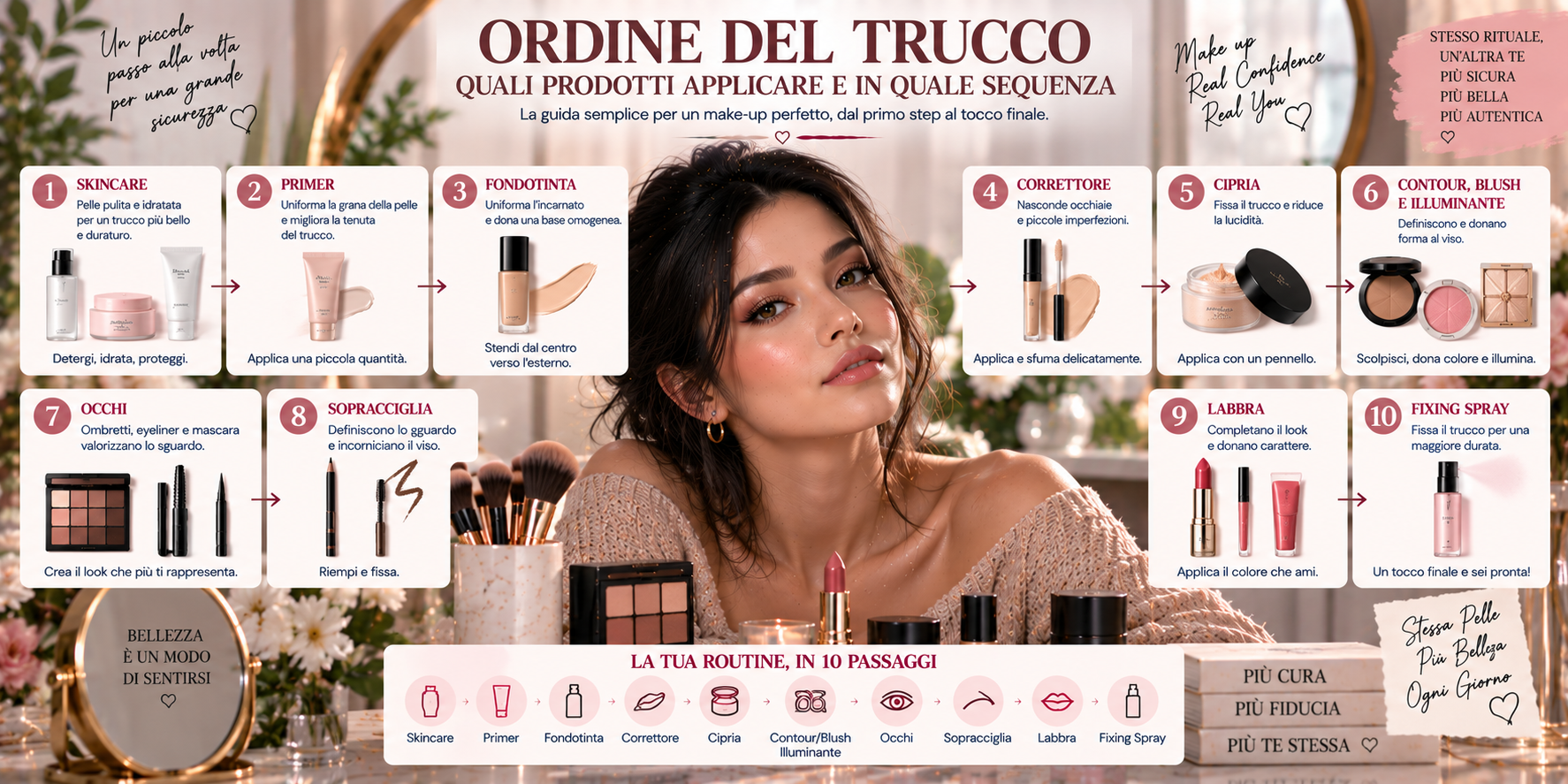 Ordine del trucco con prodotti make-up applicati passo dopo passo