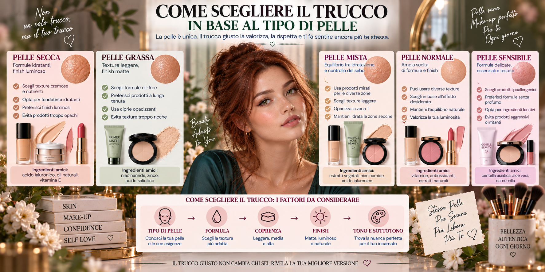 Come scegliere il trucco in base al tipo di pelle con prodotti per pelle secca, grassa e mista
