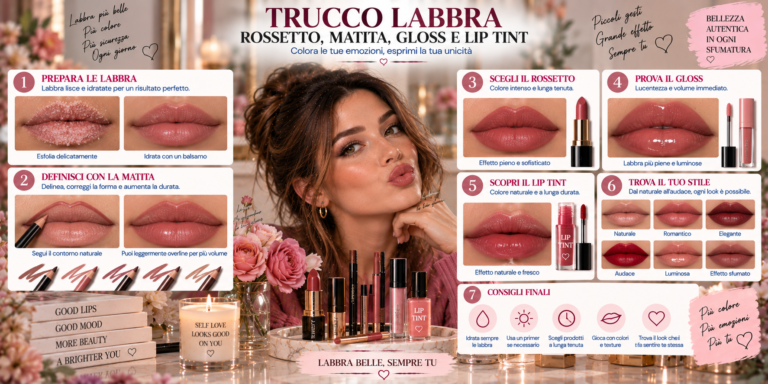 Trucco labbra con rossetto, matita, gloss e lip tint per un look definito, luminoso e naturale
