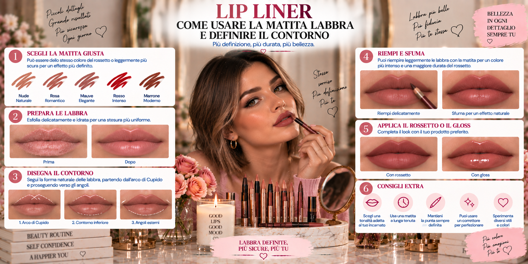 Lip Liner applicato sul contorno delle labbra con matita nude per definire la forma e creare un effetto naturale e voluminoso