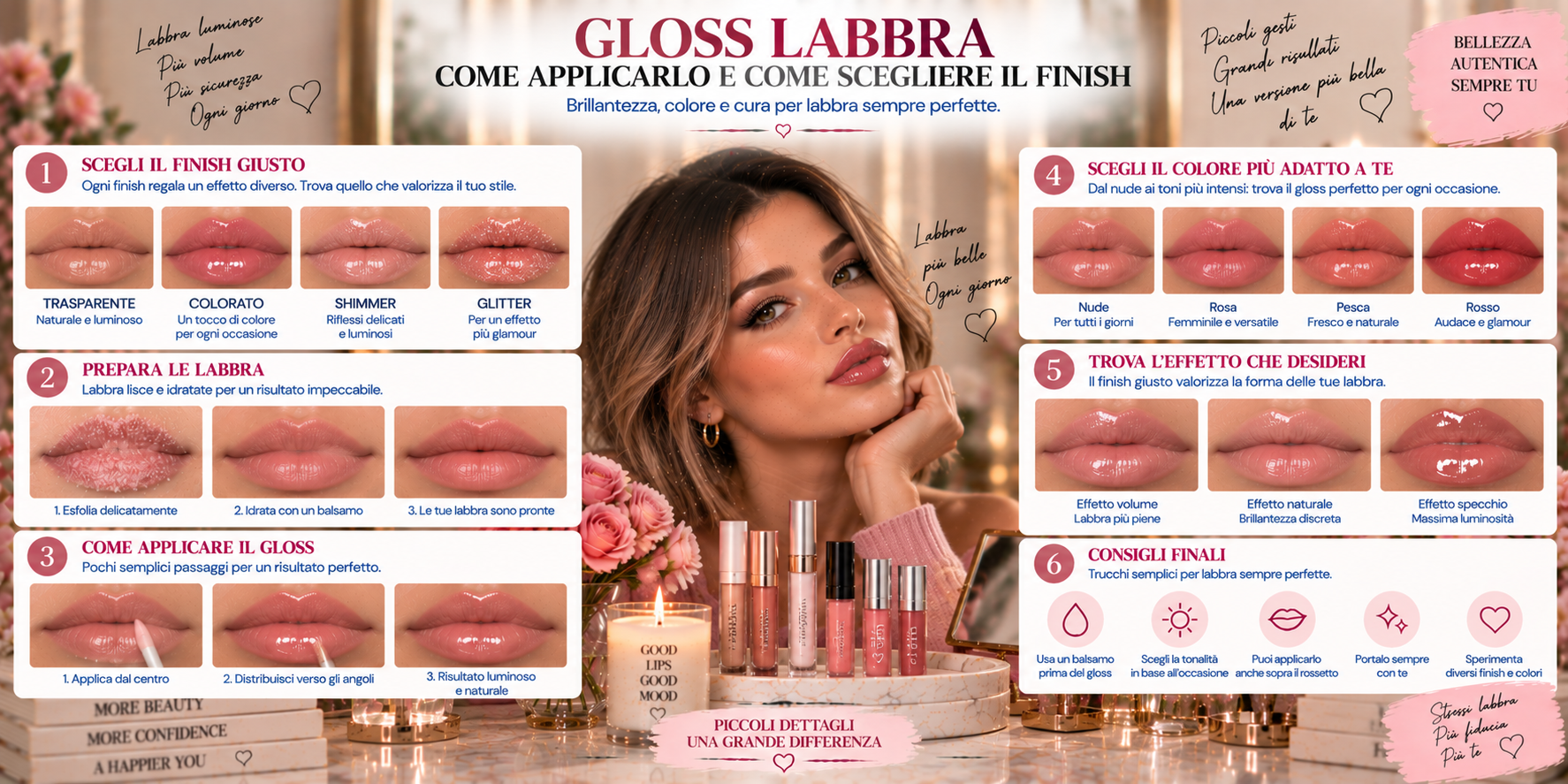 Gloss labbra trasparente applicato al centro delle labbra per ottenere un effetto luminoso, juicy e naturale