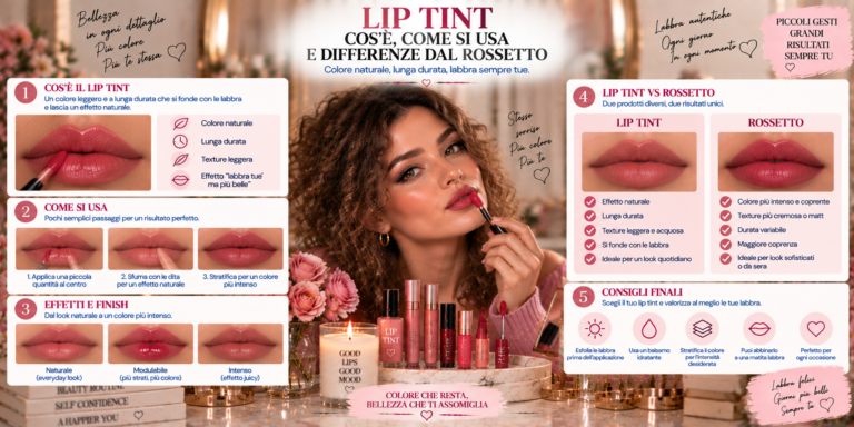 Lip Tint applicata al centro delle labbra e sfumata verso l'esterno per creare un effetto naturale e leggermente sfumato