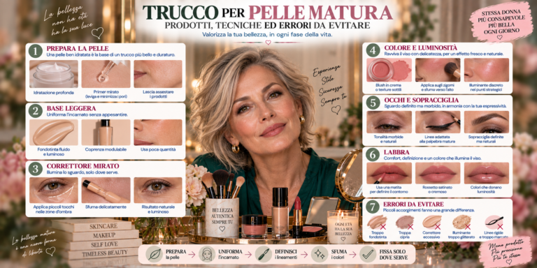 Trucco per pelle matura con base leggera, blush luminoso, mascara e rossetto naturale per un risultato fresco ed elegante