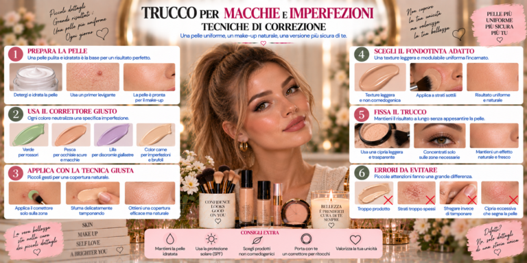 Trucco correttivo per macchie e imperfezioni con correttore colorato, fondotinta e base uniforme e naturale