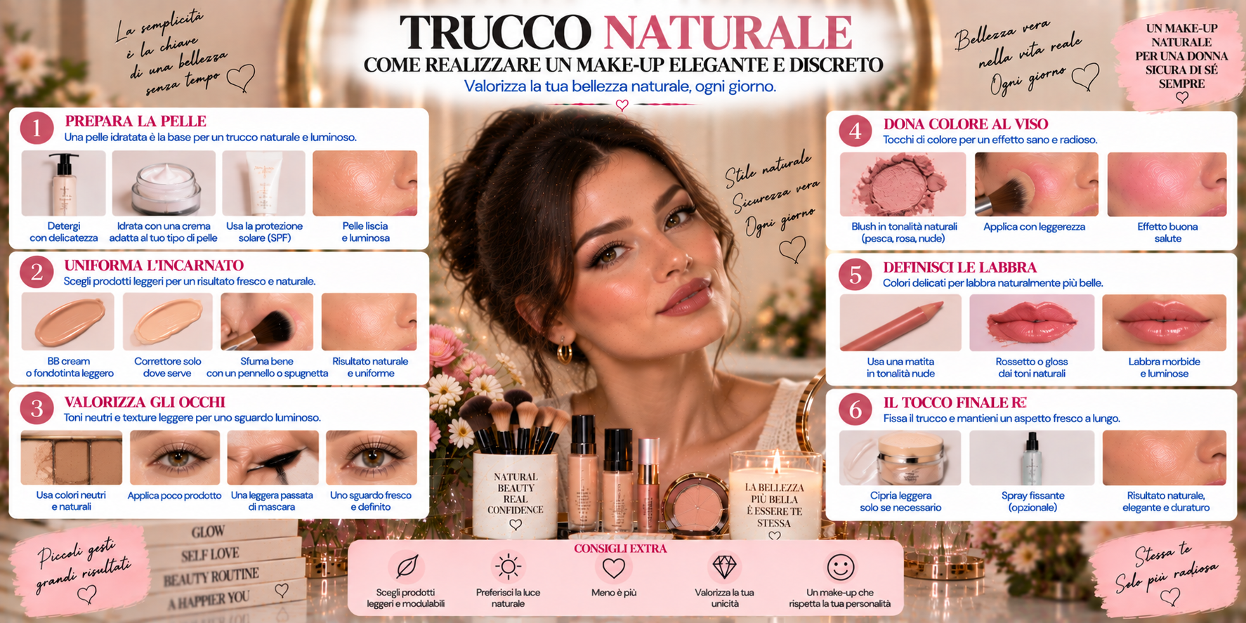 Trucco naturale elegante e discreto con base luminosa, blush rosato, occhi definiti e labbra nude