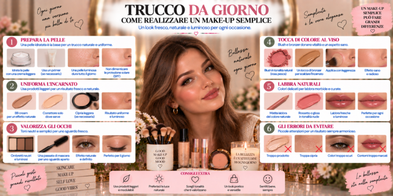 Trucco da giorno semplice e naturale con base leggera, blush rosato, mascara e labbra nude