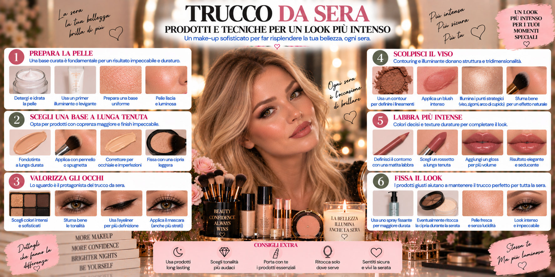 Trucco da sera elegante con base luminosa, smokey eyes sfumato, blush definito e rossetto intenso