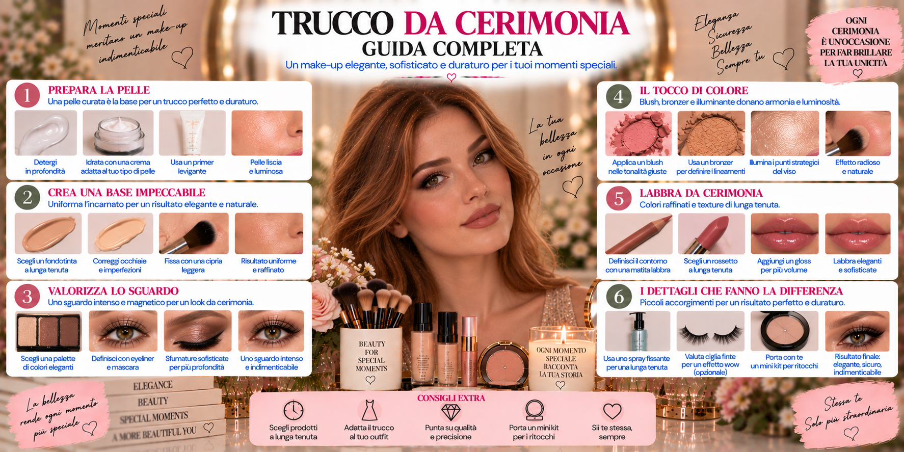 Trucco da cerimonia elegante con base luminosa, occhi definiti, blush rosato e labbra naturali