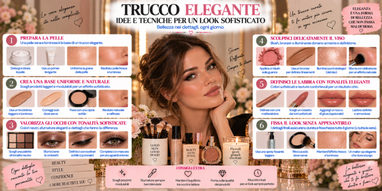 Trucco elegante e sofisticato con base luminosa, occhi definiti, blush delicato e labbra naturali