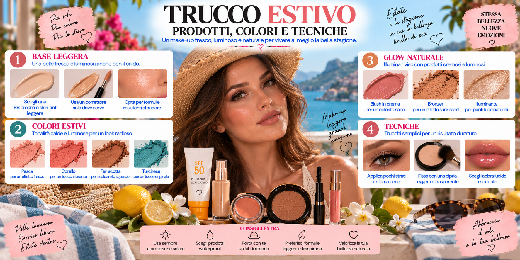 Trucco estivo luminoso con pelle naturale, bronzer caldo, blush pesca, occhi definiti e labbra glossy