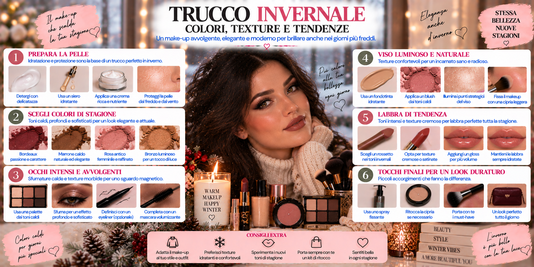 Trucco invernale sofisticato con base luminosa, occhi sfumati nei toni del marrone e bronzo, blush delicato e labbra borgogna