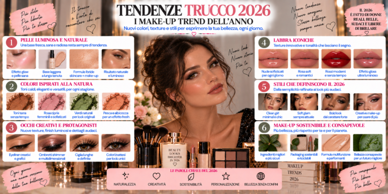 Tendenze trucco 2026 con pelle naturale, blush intenso, occhi colorati, eyeliner definito e labbra sfumate