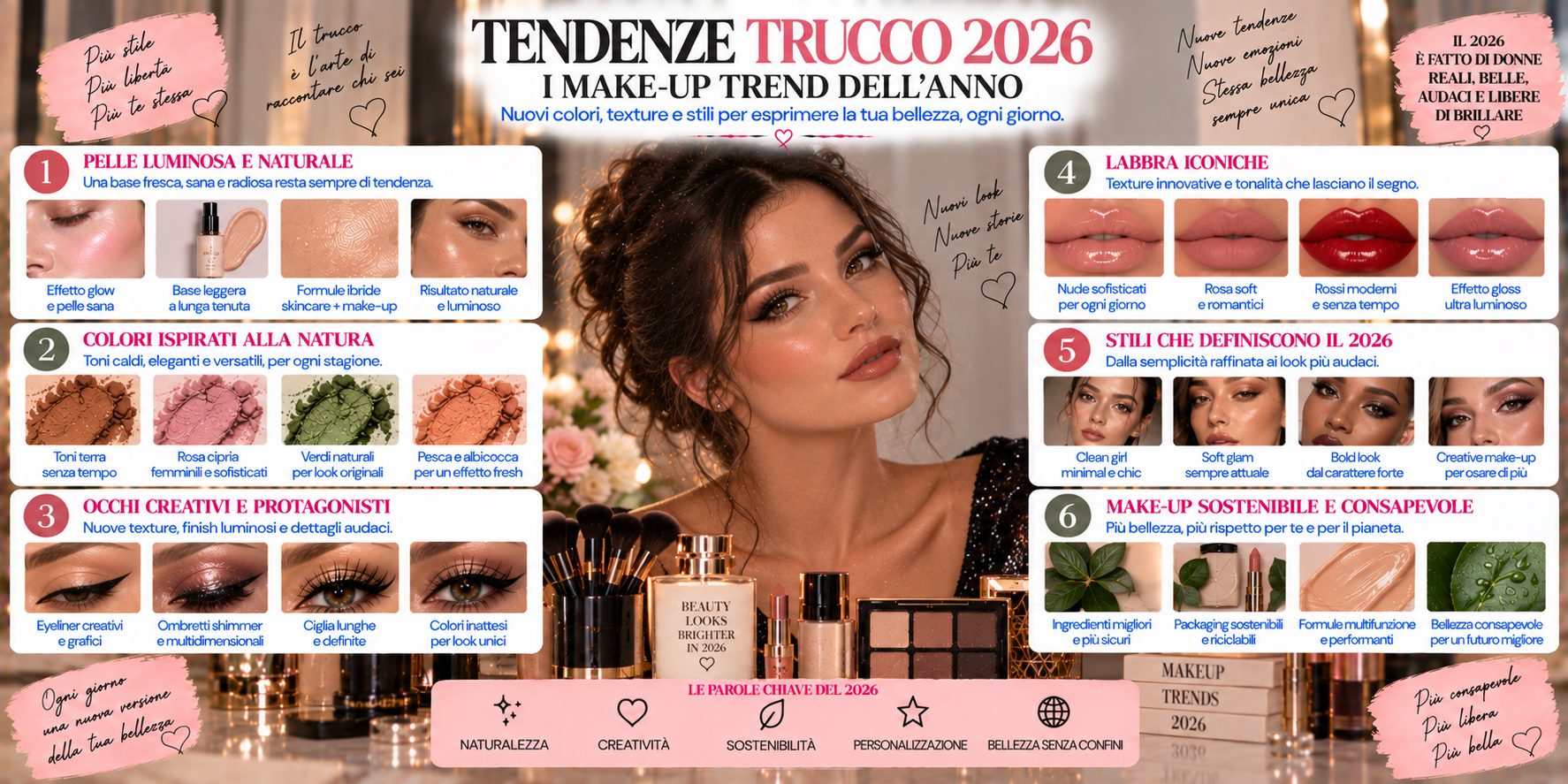 Tendenze trucco 2026 con pelle naturale, blush intenso, occhi colorati, eyeliner definito e labbra sfumate