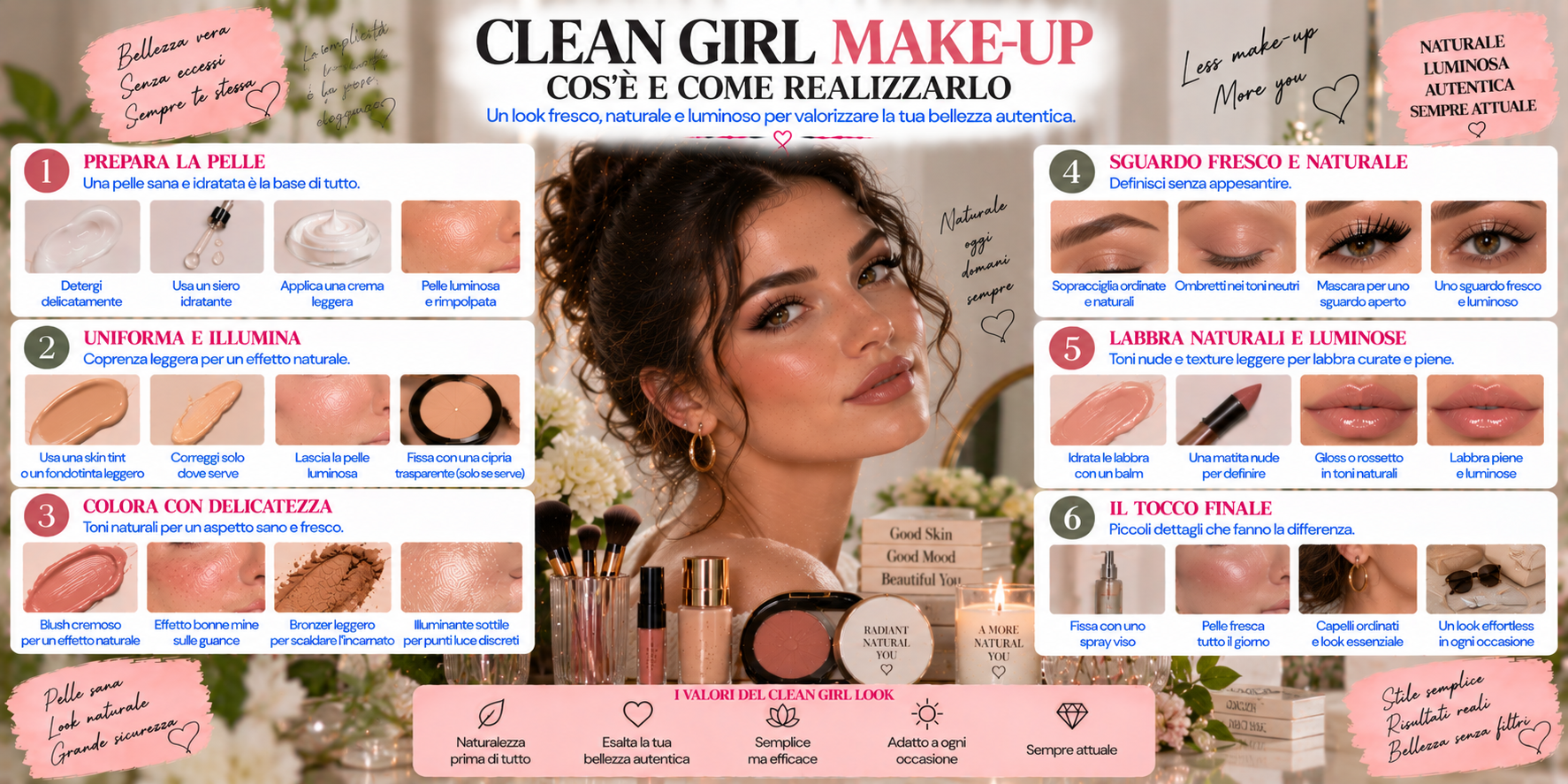 Clean Girl Make-Up con pelle naturale e luminosa, sopracciglia ordinate, blush rosato, mascara e labbra glossy