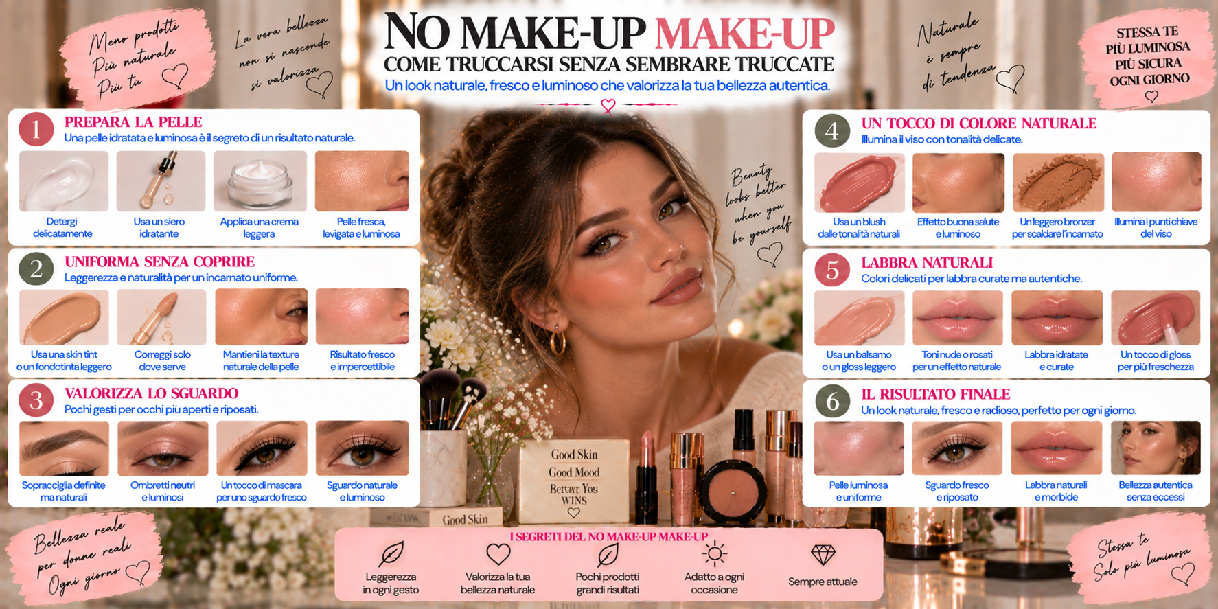 No Make-Up Make-Up con base naturale, blush delicato e labbra effetto naturale