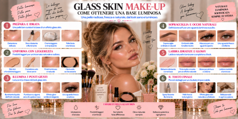 Glass Skin Make-Up con base luminosa, pelle naturale e finish idratato