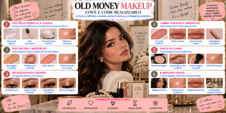 Old Money Makeup elegante con pelle naturale, occhi neutri, sopracciglia curate e labbra nude