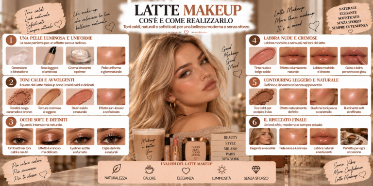 Latte Makeup con pelle bronzata, occhi marrone caldo, blush caramello e labbra nude brown