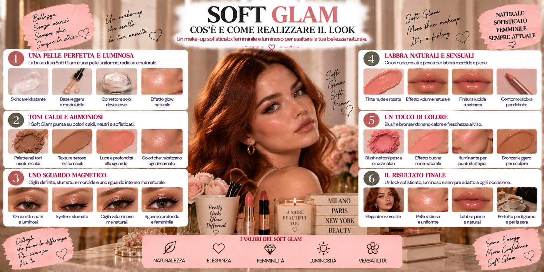 Soft Glam Makeup con pelle uniforme, occhi marrone sfumati, blush naturale e labbra nude