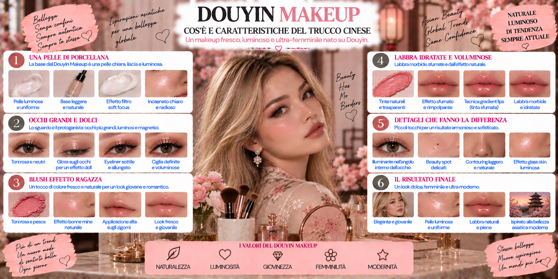 Douyin Makeup con occhi luminosi, blush rosa, ciglia definite e labbra sfumate