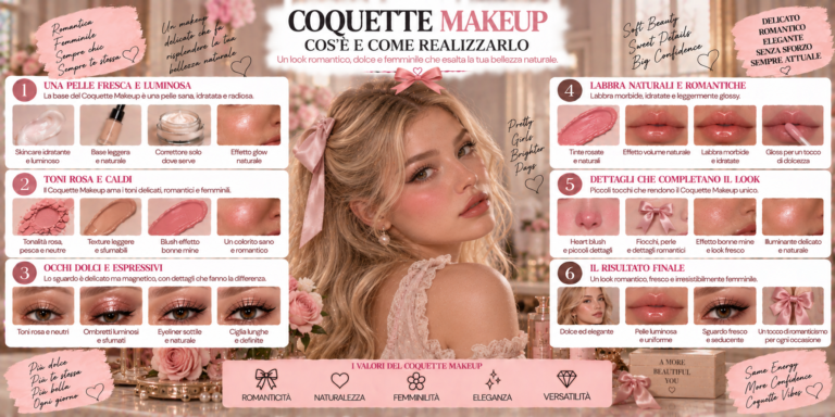 Coquette Makeup con pelle luminosa, blush rosa, occhi delicati, ciglia definite e labbra glossy