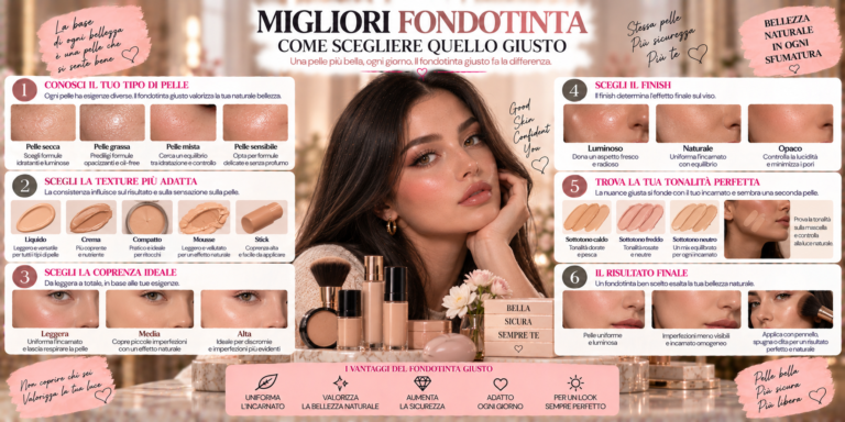 Donna con base viso uniforme e luminosa mentre sceglie il fondotinta più adatto al proprio incarnato