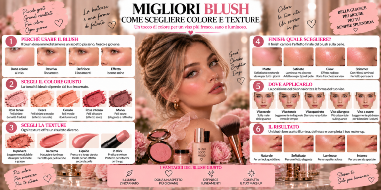 Blush in diverse tonalità e texture applicato sulle guance per creare un effetto fresco e luminoso