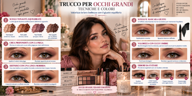 Trucco per occhi grandi con ombretti sfumati, eyeliner definito e mascara per valorizzare la forma dello sguardo