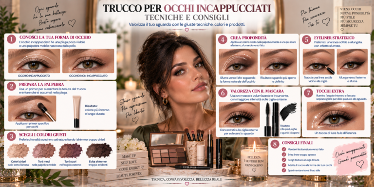 Trucco per occhi incappucciati con ombretto sfumato sopra la piega, eyeliner sottile e mascara per uno sguardo definito e valorizzato