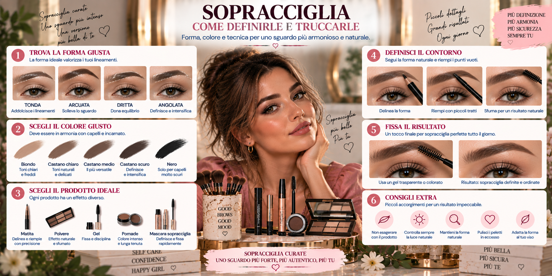 Sopracciglia definite e pettinate con effetto naturale per valorizzare lo sguardo e incorniciare il viso